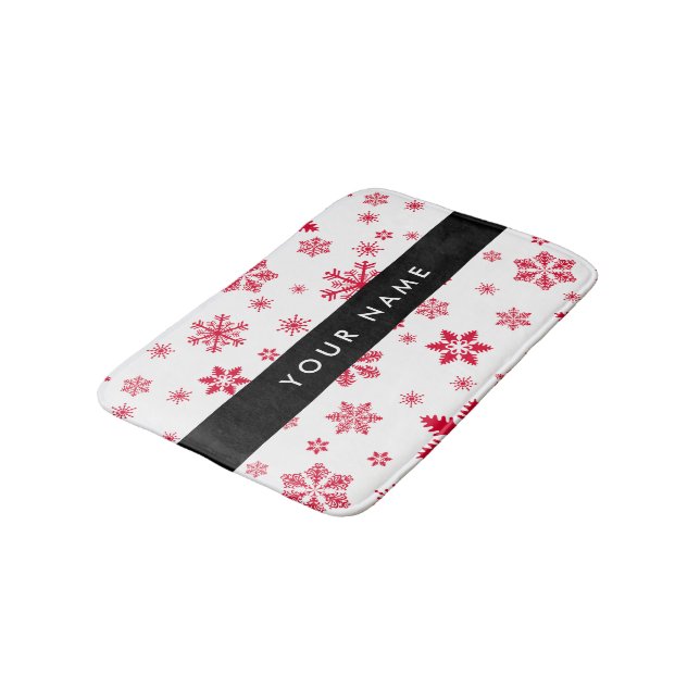 Red Snowflakes, Your name, Personalize Bath Mat (Angled)