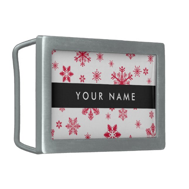Red Snowflakes, Your name, Personalize Belt Buckle (Front Left)