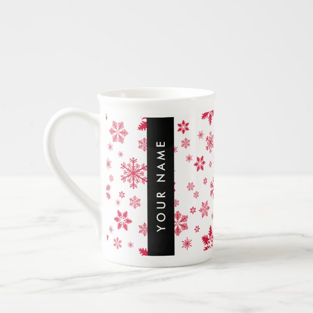 Red Snowflakes, Your name, Personalize Bone China Mug (Left)