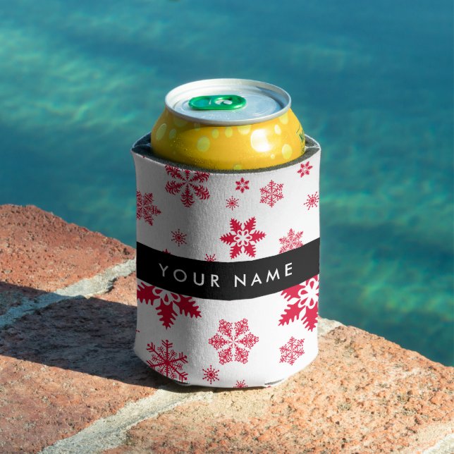 Red Snowflakes, Your name, Personalize Can Cooler (In Situ Pool)