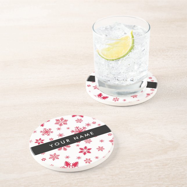 Red Snowflakes, Your name, Personalize Coaster (Side)
