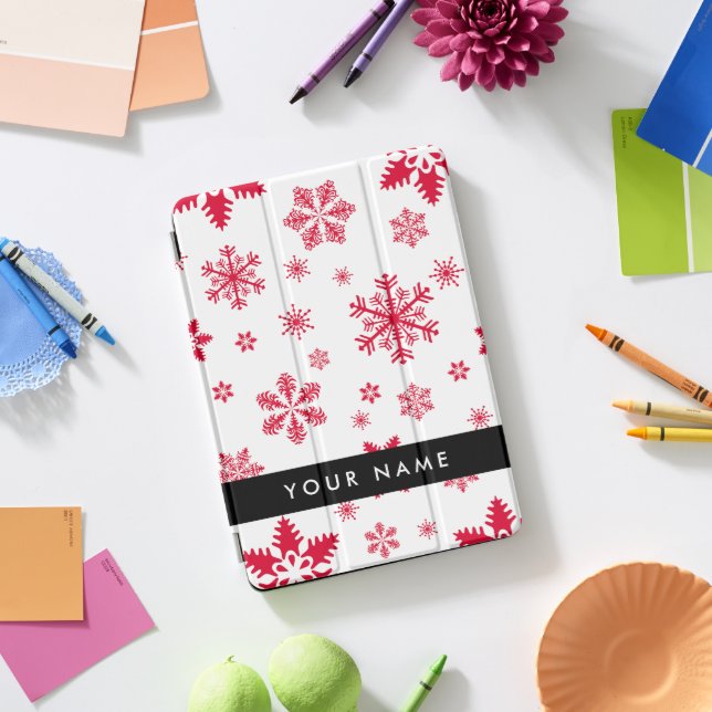 Red Snowflakes, Your name, Personalize iPad Pro Cover (Desk)
