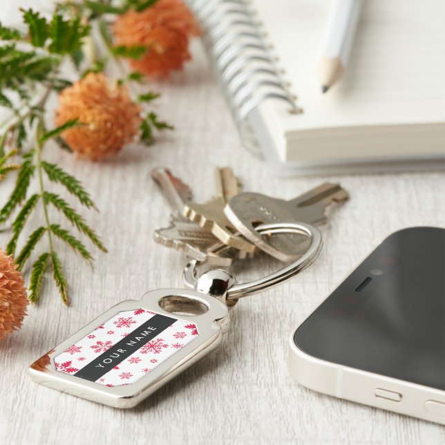 Red Snowflakes, Your name, Personalize Keychain (Side)