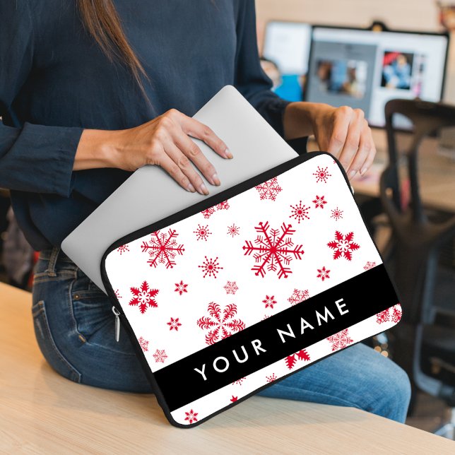Red Snowflakes, Your name, Personalize Laptop Sleeve (Creator Uploaded)