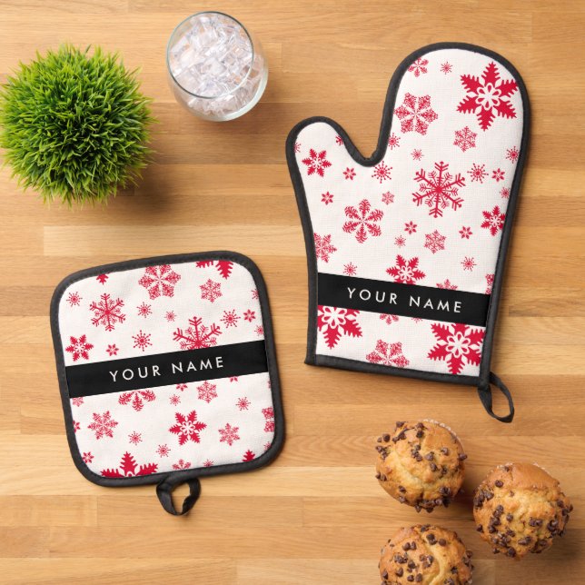 Red Snowflakes, Your name, Personalize Oven Mitt & Pot Holder Set (Top Down)