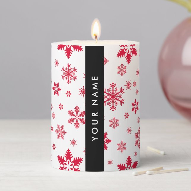 Red Snowflakes, Your name, Personalize Pillar Candle (In Situ)