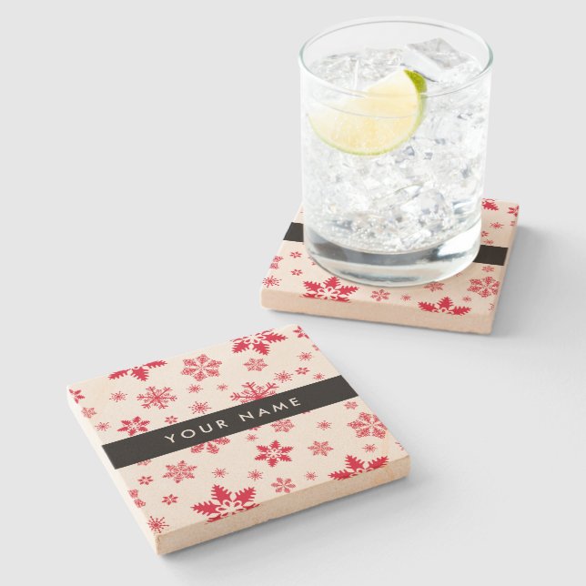 Red Snowflakes, Your name, Personalize Stone Coaster (Side)