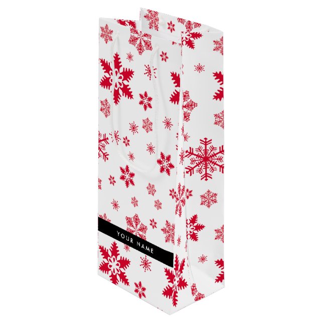 Red Snowflakes, Your name, Personalize Wine Gift Bag (Front Angled)