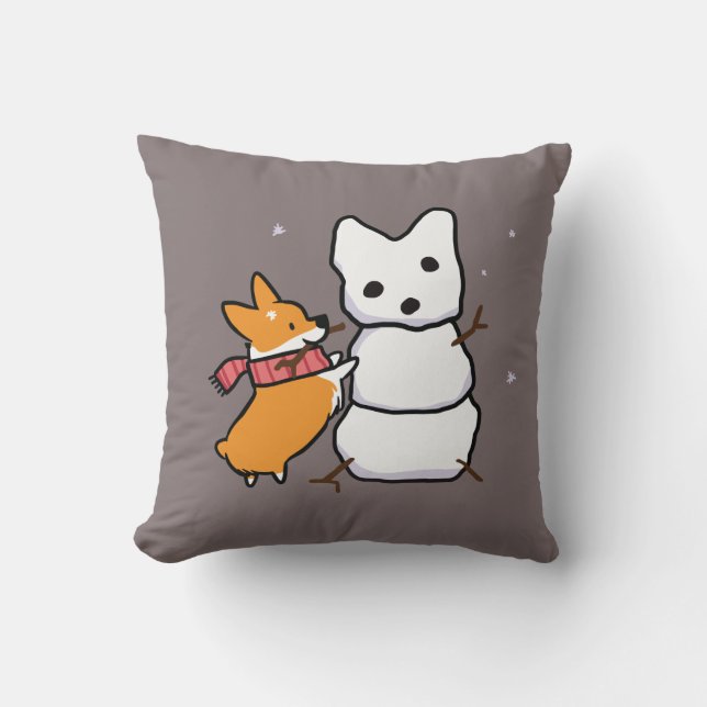 Red Snowman Corgi Pillow (Front)