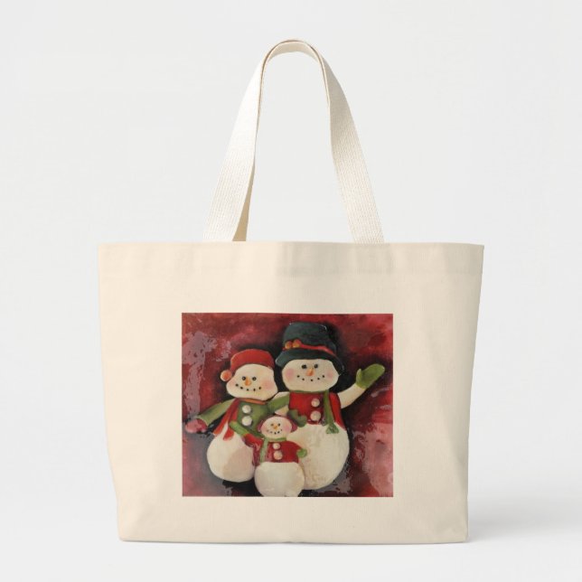 Red Snowman Family Large Tote Bag (Front)