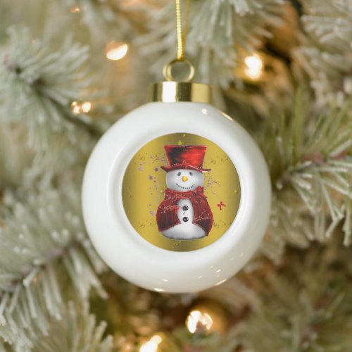 Red Snowman on Gold Christmas Ceramic Ball Christmas Ornament