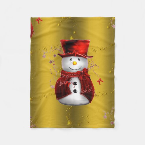 Red Snowman on Gold Christmas Fleece Blanket