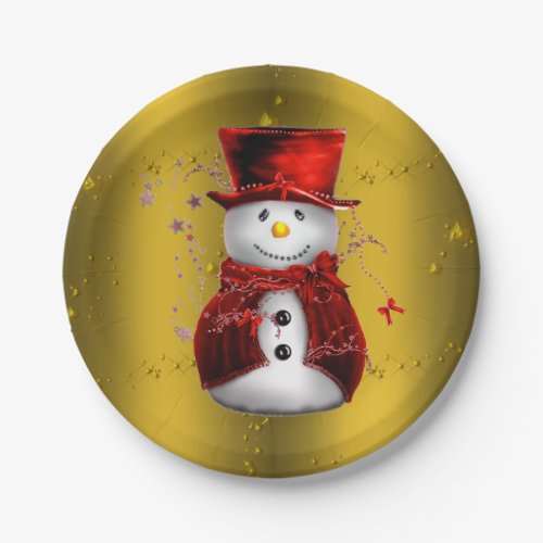 Red Snowman on Gold Christmas Paper Plates