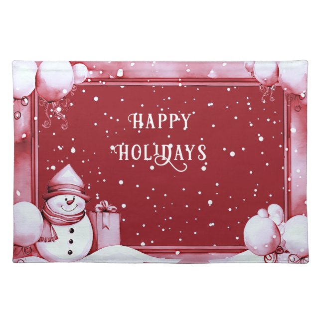 Red Snowman Snowy Christmas Holiday Cloth Placemat (Front)