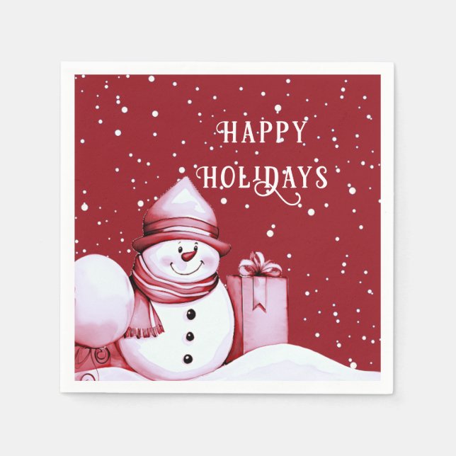 Red Snowman Snowy Christmas Holiday Napkins (Front)