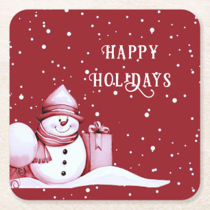 Red Snowman Snowy Christmas Holiday Paper Coaster
