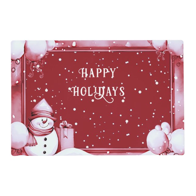 Red Snowman Snowy Christmas Holiday Paper Placemat (Back)