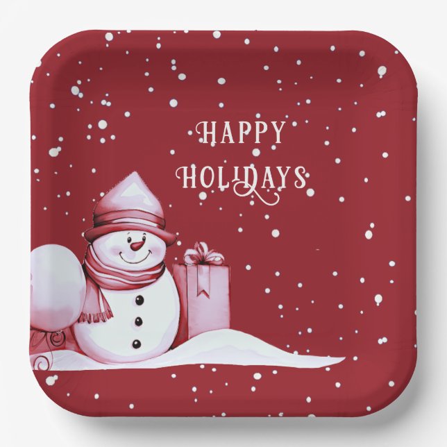 Red Snowman Snowy Christmas Holiday Paper Plates (Front)