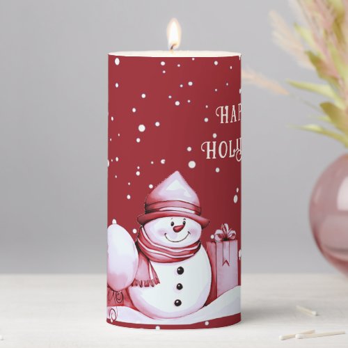 Red Snowman Snowy Christmas Holiday Pillar Candle