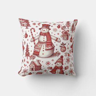 Red Snowman Toile Winter Pattern Throw Pillow