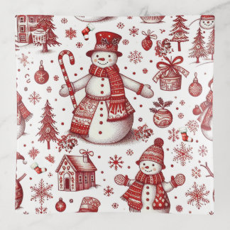 Red Snowman Toile Winter Pattern  Trinket Tray