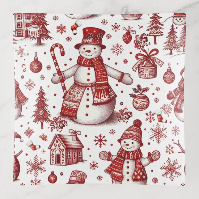 Red Snowman Toile Winter Pattern  Trinket Tray (Front)