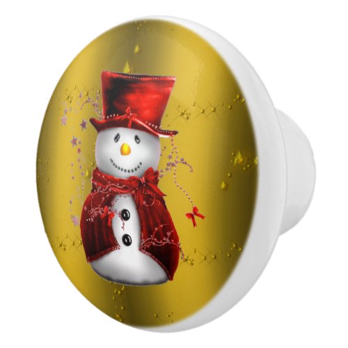 Red Snowmen on Gold Ceramic Knob