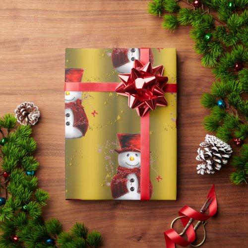 Red Snowmen on Gold Christmas Wrapping Paper