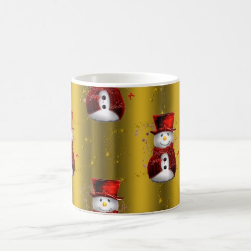 Red Snowmen on Gold Coffee Mug