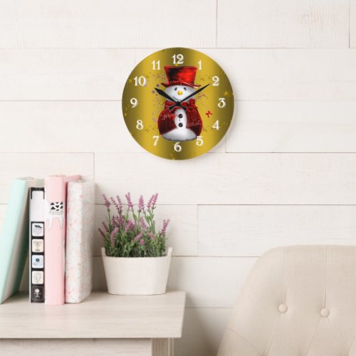 Red Snowmen on Gold Large Clock