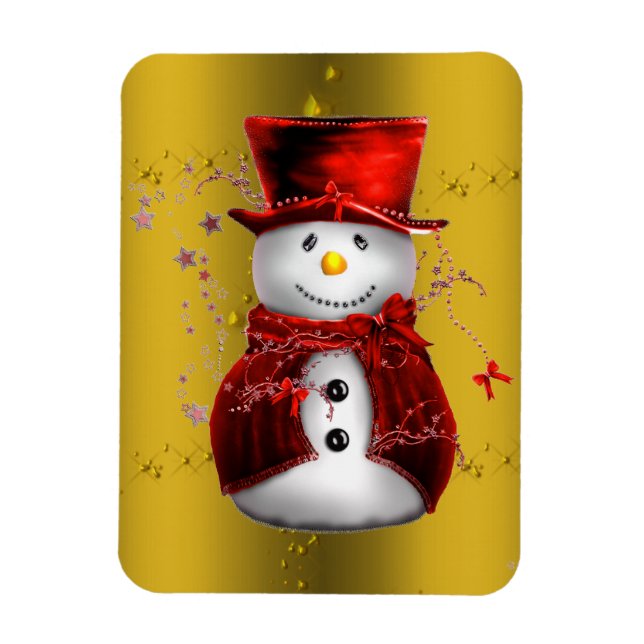 Red Snowmen on Gold Magnet (Vertical)