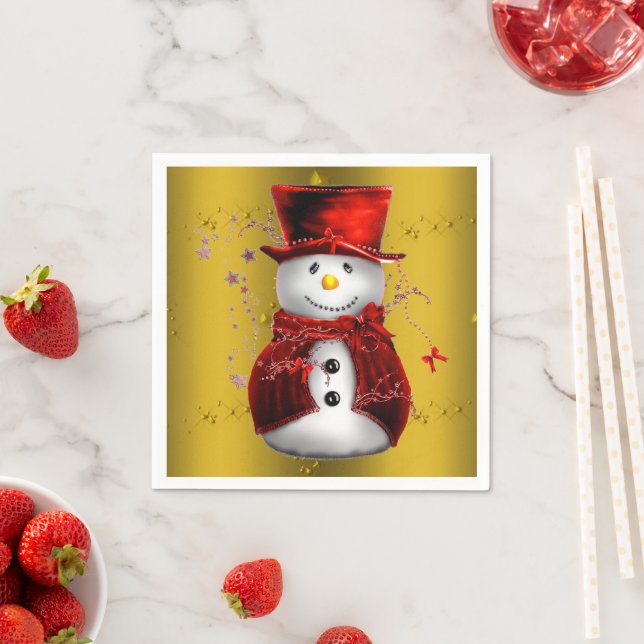 Red Snowmen on Gold Paper Napkins (Insitu)