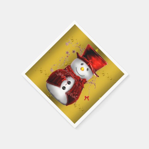 Red Snowmen on Gold Paper Napkins