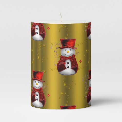 Red Snowmen on Gold Pillar Candle