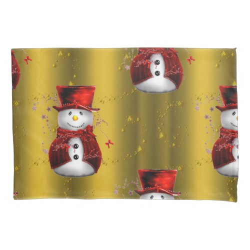 Red Snowmen on Gold Pillowcase