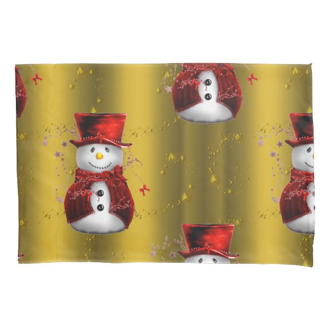 Red Snowmen on Gold Pillowcase (Front)