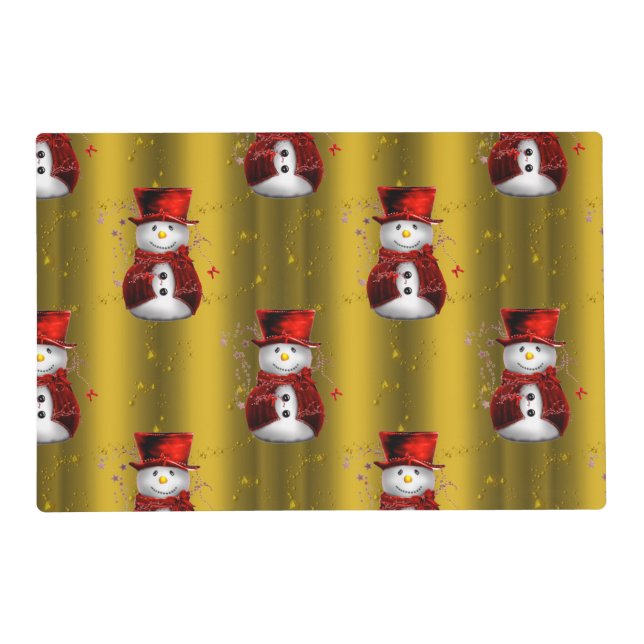 Red Snowmen on Gold Placemat (Front)