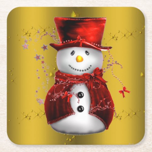 Red Snowmen on Gold Square Paper Coaster