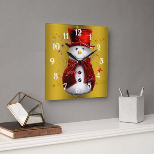 Red Snowmen on Gold Square Wall Clock