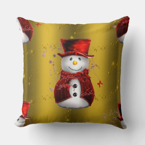 Red Snowmen on Gold Throw Pillow
