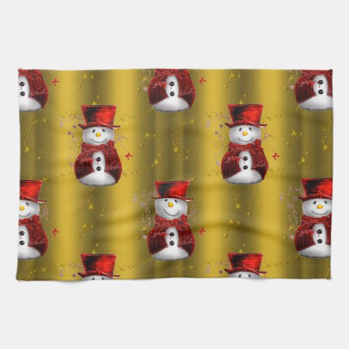 Red Snowmen on Gold Towel