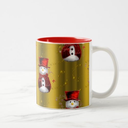 Red Snowmen on Gold Two_Tone Coffee Mug