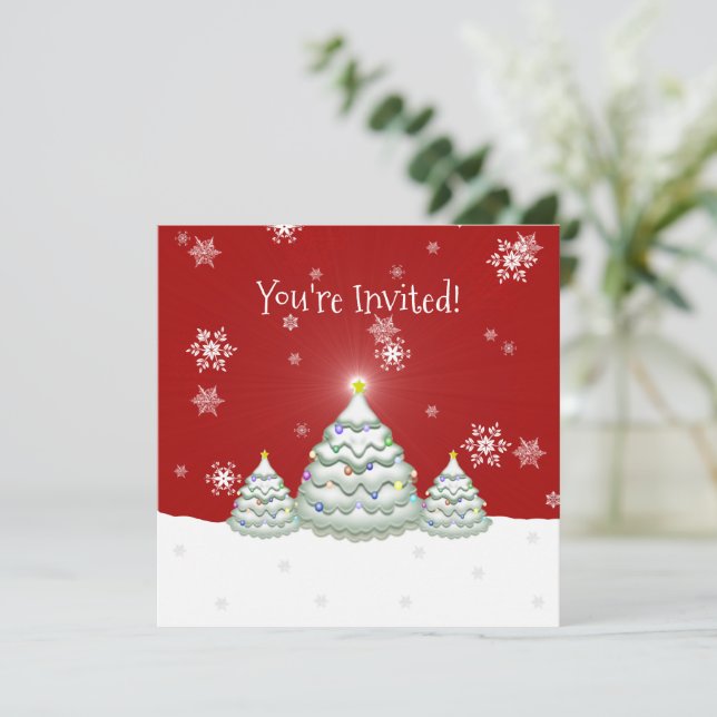 Red Snowy Christmas Tree Invitation (Standing Front)