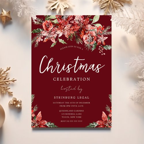 Red Snowy Floral Office Corporate Christmas Party Invitation