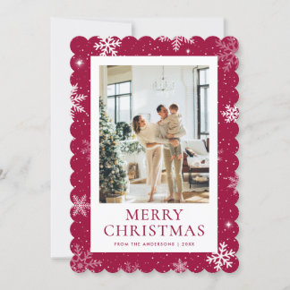Red Snowy Merry Christmas Snowflake Photo Holiday Card