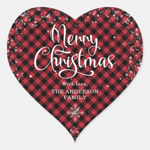Red Snowy Plaid Calligraphy Merry Christmas Heart Sticker
