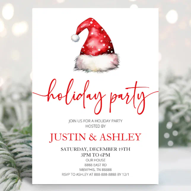 Red Snowy Santa Hat Christmas Holiday Party Invitation | Zazzle