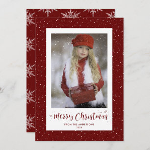 Red Snowy Snowflake Photo Merry Christmas Cards