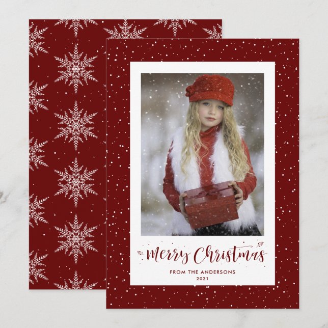 Red Snowy Snowflake Photo Merry Christmas Cards (Front/Back)