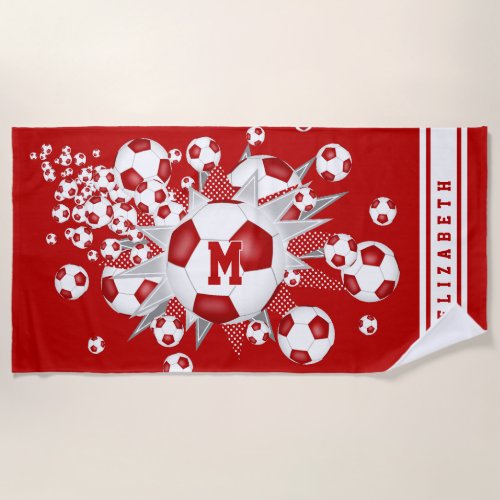 red soccer ball blowout with girls custom name beach towel